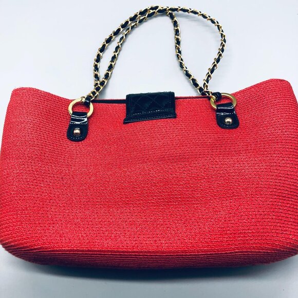 straw red handbag chain handle clasp lock zipper 5 pockets 2 handle 15x9x4" READ - Picture 4 of 11